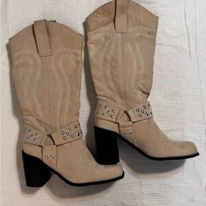 Fashion Nova Beige Heeled Boots with Rhinestone Accents